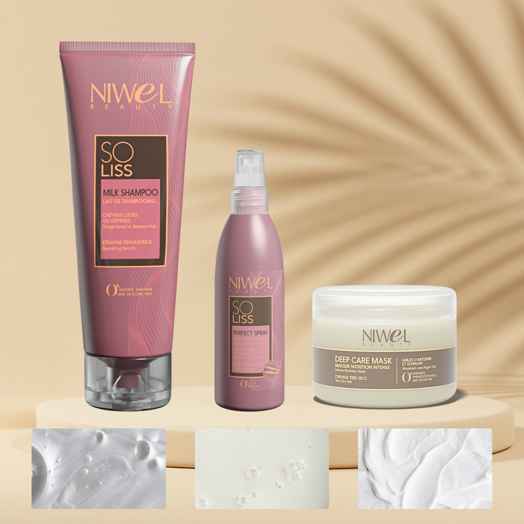 présentation des trois produits avec les textures associées du rituel répareur kératine : un lait de shampoing, un spray thermo-protecteur et un masque nourrissant
