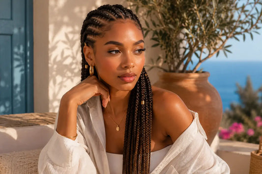 Jeune femme aux nattes africaines, vêtue de blanc, assise dans un décor méditerranéen ensoleillé avec vue sur la mer, des pots en terre cuite et une végétation luxuriante, évoquant la fraîcheur estivale et les coiffures protectrices.