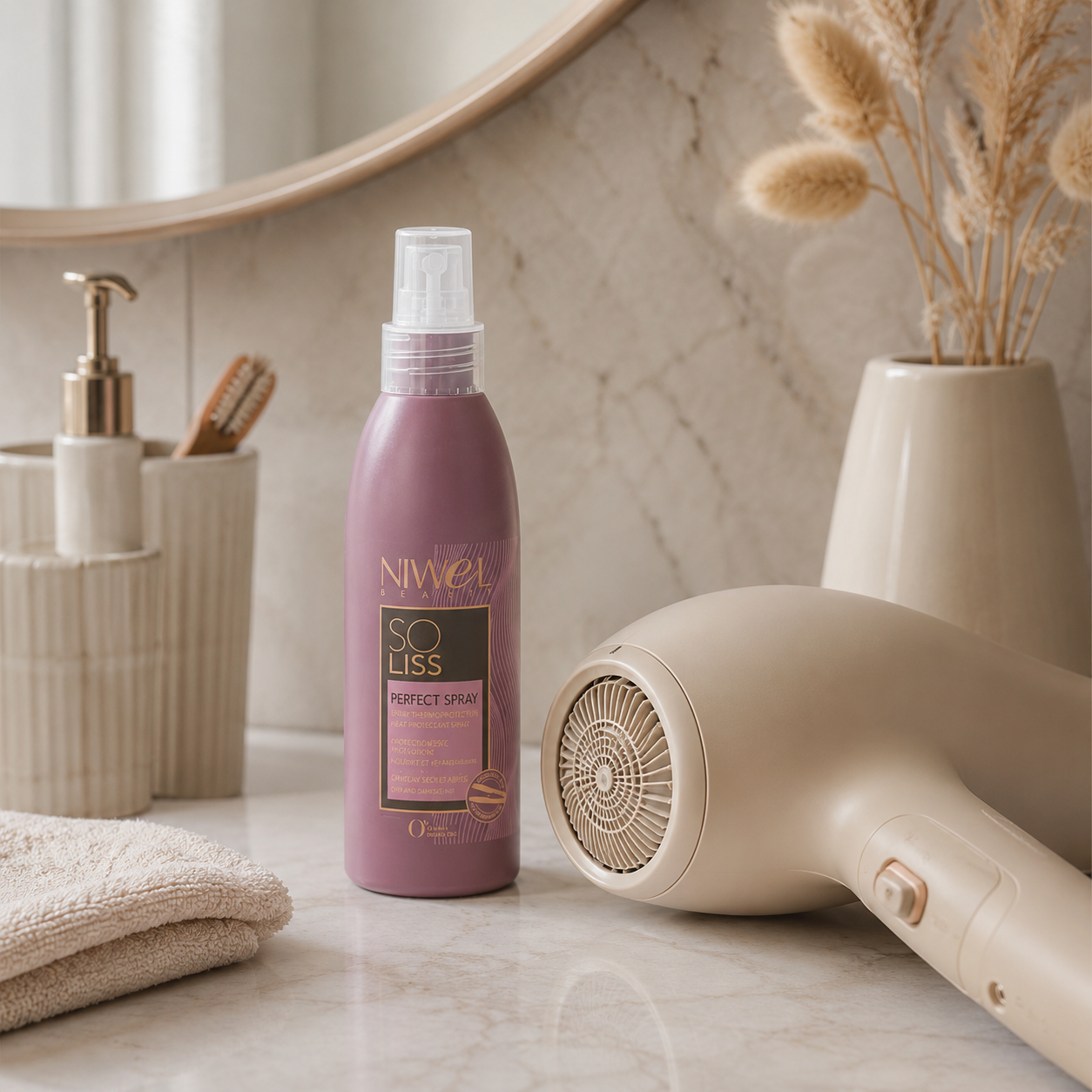 Spray sans rinçage protecteur de chaleur et sèche-cheveux dans une salle de bain