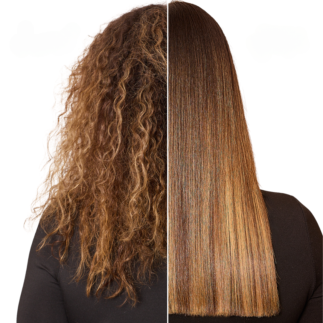 Comparaison avant-après sur cheveux bouclés qui vont être lissés grâce à la gamme réparatrice enrichie en kératine.