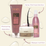 montage d'un visuel avec les trois produits du rituel réparateur kératine avec les titres produits associés